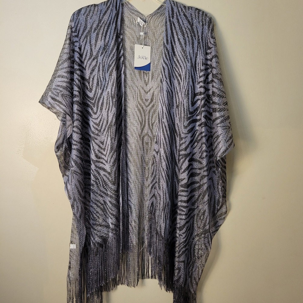 Jovie Womens Zebra Print Metallic Kimono Wrap Fringe Hem Silver Black OS